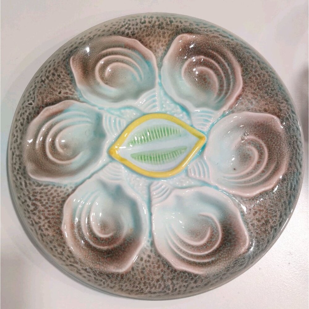 2 Vintage MCM Majolica Pottery Lemon Wedge Oyster Plates 1950-70's Japan READ - Picture 3 of 13